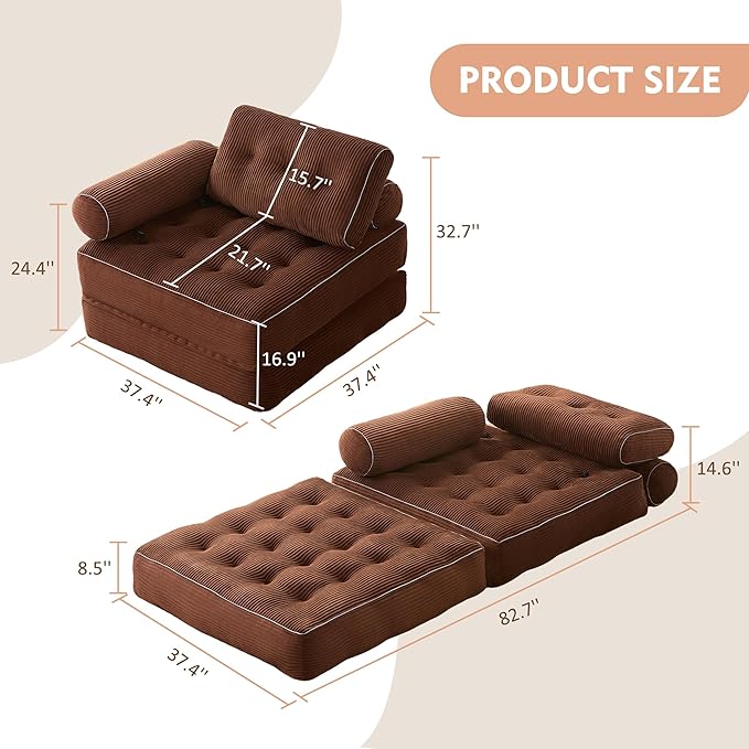 Plus Futon Sofa Bed for Small Spaces, Floor Couch with Armrest, Folding Sofa Couch, Convertible Sleeper Chair Bed with Pillow, Portable Comfy Floor Lounge for Living Room and Bedroom, Brown
