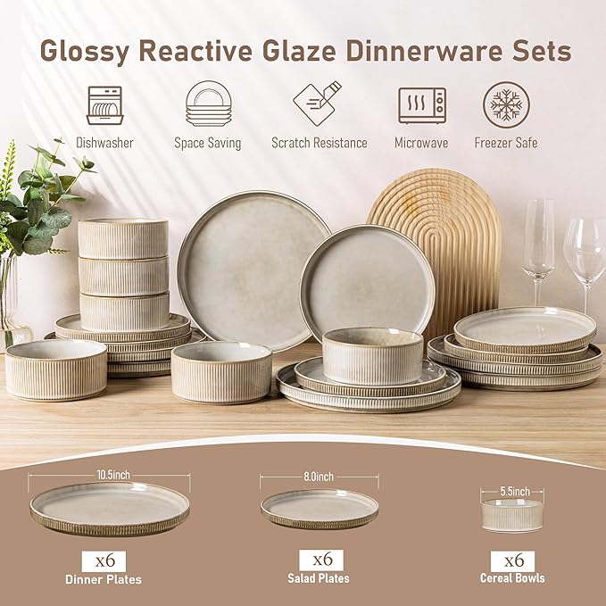 GBHOME Stoneware Dinnerware Sets for 6,Round Reactive Glaze Ceramic Plates and Bowls Set,Highly Scratch Resistant | Dishwasher & Microwave Safe Dishes Set,Service for 6(18Pcs)