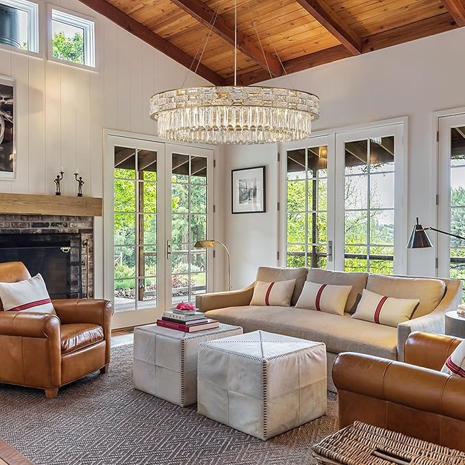 Crystal Chandelier, 31" 12-Light Large Chandelier for Living Room, Round Gold Chandeliers for Bedroom, High Ceiling Chandeliers, Foyer Lighting Fixtures Hanging Lights Dimmable