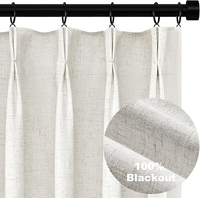 Topfinel 120 Inches Long Extra Long Pinch Pleat Faux Linen Curtains for Living Room,Neutral Beige 100 Percent Blackout Floor to Ceiling Farmhouse Sound Absorbing Drapes 2 Panels for Track System 10 FT