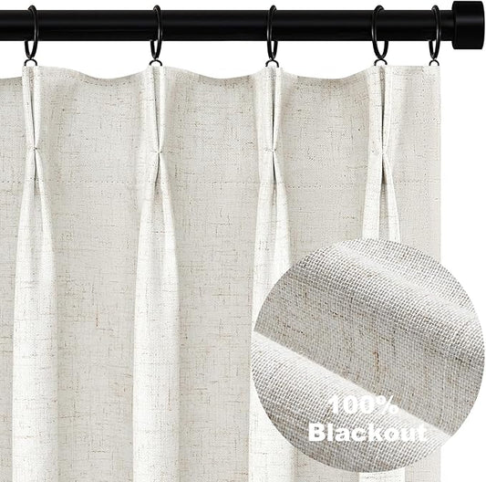 Topfinel 100% Blackout Linen Curtains 72 Inch Length,Pinch Pleated Oatmeal Back Tab Drapes with Hooks Room Darkening Heat Reducing Farmhouse Rustic Lined Draperies for Bedroom Baby Room 2 Panels Set