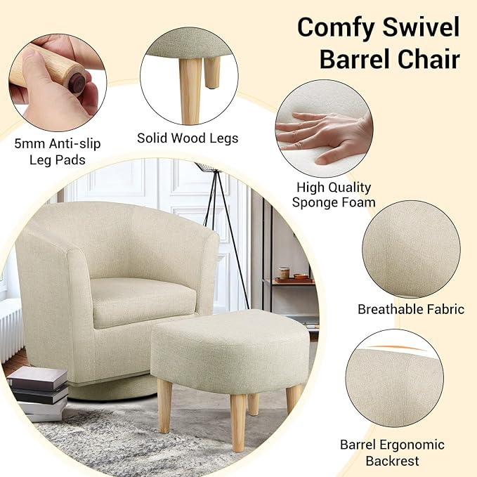 DAZONE Beige Swivel Accent Chair with Ottoman, Comfy Barrel Armchair for Small Spaces, 360° Modern Fabric Lounge Chair for Living Room, Bedroom, Reading Nook, Home Office