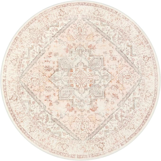 LIVEBOX Washable Peachy Pink Rug 5ft - Medallion Vintage Circle Rugs for Bedroom, Low-Pile Tribal Print Carpet for Nursery, Non-Slid Distress Floral Circular Rug for Living Room Kid's Room Entryway