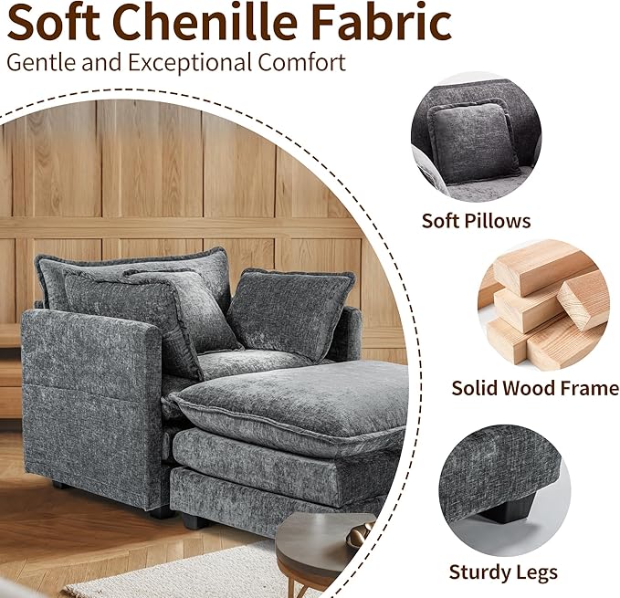 SweetGO corporation 40" Chenille Lounge Chair for Reading, Modern Couch Cozy Sofa Bed, Upholstered Living Room Single Sofa Accent Chair with Ottoman, Grey