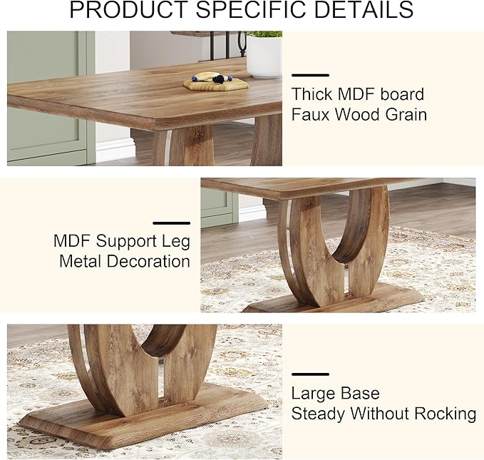 Wooden Dining Table Set for 4, 63" Rectangular Kitchen Table with Upholstered Chairs, Modern Dining Room Furniture with Faux Leather Seating and Sturdy Metal Legs, Brown Farmhouse Table Set