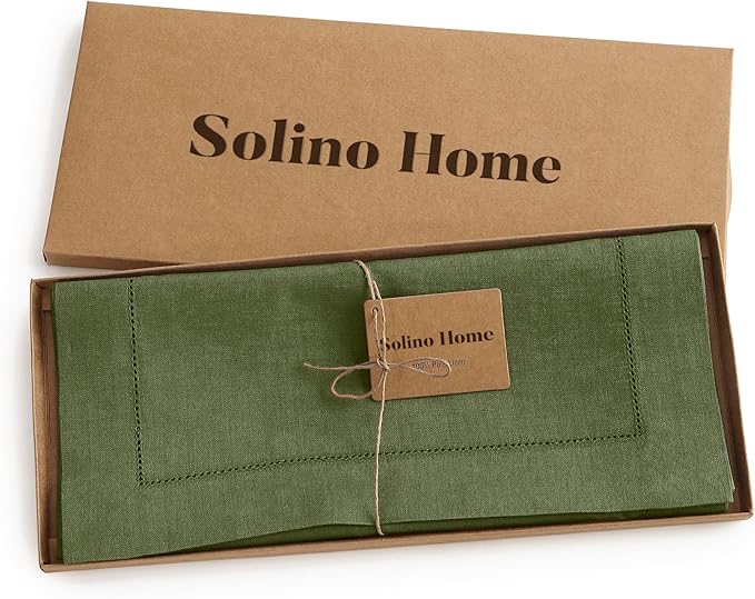 Solino Home Linen Table Runner 48 Inches - 100% Pure Linen Olive Hemstitch Table Runner 14 x 48 Inch Ideal for Dresser and Coffee Tables - Classic Hemstitch - Thanksgiving