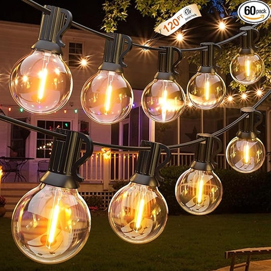 GLUROO 120FT Outdoor String Lights, G40 LED Patio Lights with 64pcs Bulbs, Waterproof Shatterproof Dimmable Globe Hanging Outdoor Cafe Bistro Porch Outside Light, 2Packs * 60ft