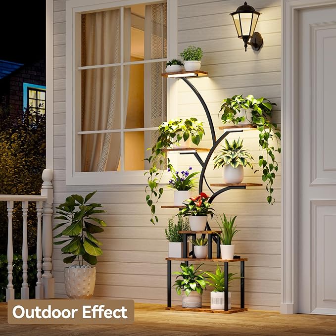 C3 Plant Stand Indoor with Grow Lights, 8 Tiered 62.2" Tall Plant Stand, Corner Large Metal & Wood Plant Shelf, S-Shaped Plant Display Shelves for Living Room, Patio, Outdoor