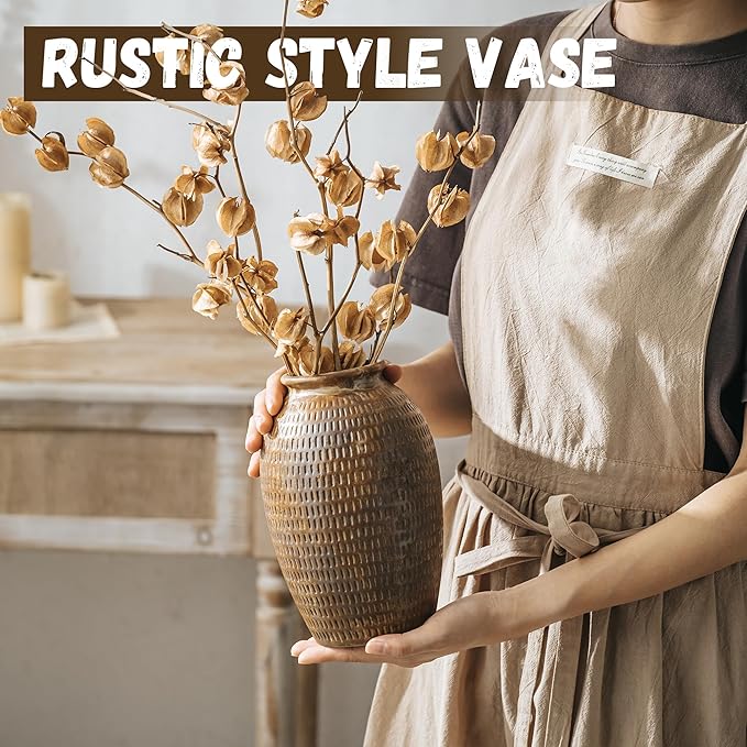 Ceramic Rustic Vase, 8 Inch Farmhouse Terracotta Vase for Home Decor, Vintage Decorative Pottery Flower Vases for Living Room Entryway Table Centerpieces Shelf Decorations