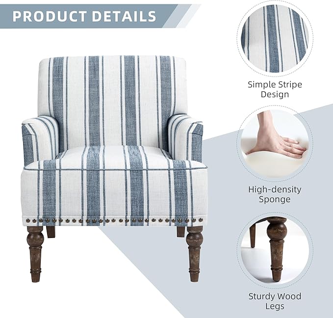 Modern Accent Chair with Arms,2 Set Mid Century Stripe Armchair for Living Room,Comfy Linen Fabric Single Sofa for Apartment Bedroom,Comfortable Cushioned Seat for Reading Home Office-Dark Blue Stripe