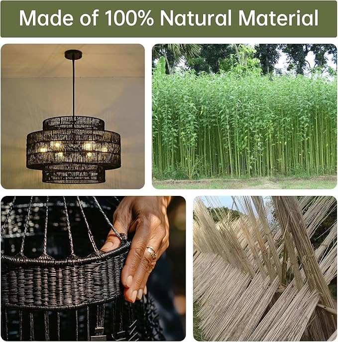 24” Black Boho Large Rattan Chandelier Light Fixture,6-Light Large Hand Woven Pendant Light Fixture Farmhouse Rustic Chandeliers for Kitchen Bedroom, Dining Room, Living Room, Hallway, Foyer