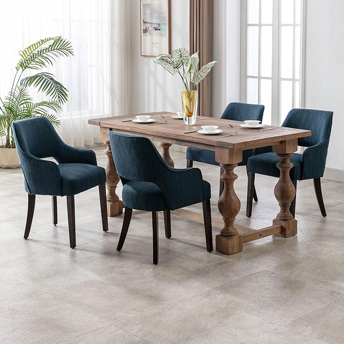 Linen Dining Chairs Set of 6 Upholstered Farmhouse Kitchen Chair with Arms Accent Chairs Side Chair with Wood Legs for Living Room/Dining Room/Bedroom/Restaurant, Blue