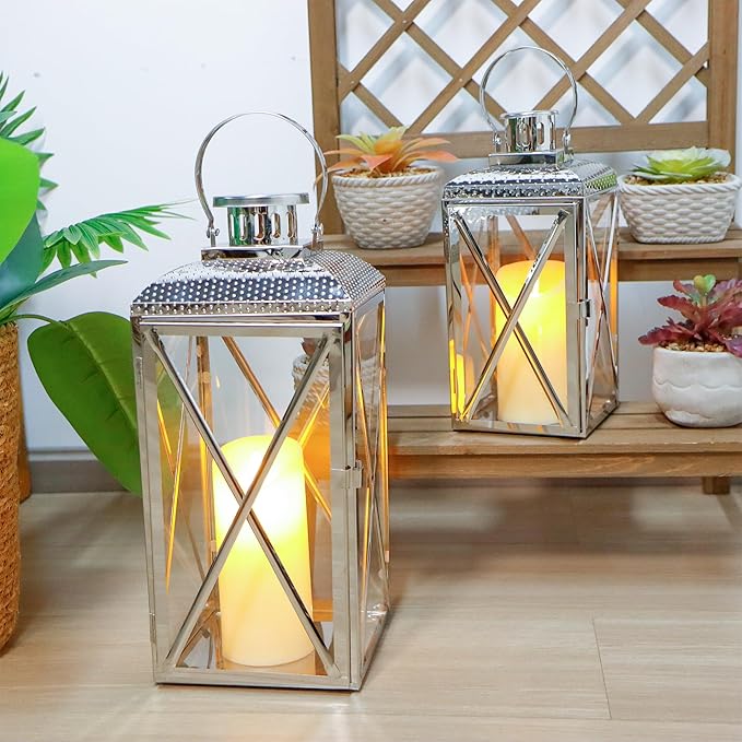 TRIROCKS Stainless Steel Lantern 18'' & 14" H Set of 2-Square Elegance Metal Candle Lanterns Candle Holder with Tempered Glass for Home Garden Indoor Outdoor Decor Celebratory