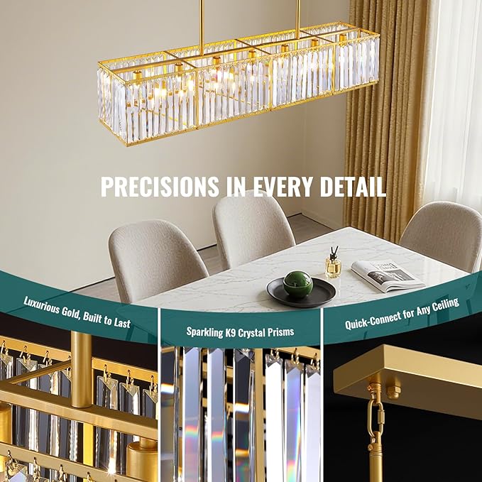 Siljoy 7 Ligts Modern Crystal Chandelier Luxury Gold Rectangular Crystal Chandelier Farmhouse Rectangle Linear Pendant Ceiling Light Fixture for Living Dining Room Kitchen Island L47'' x W10'' x H10''