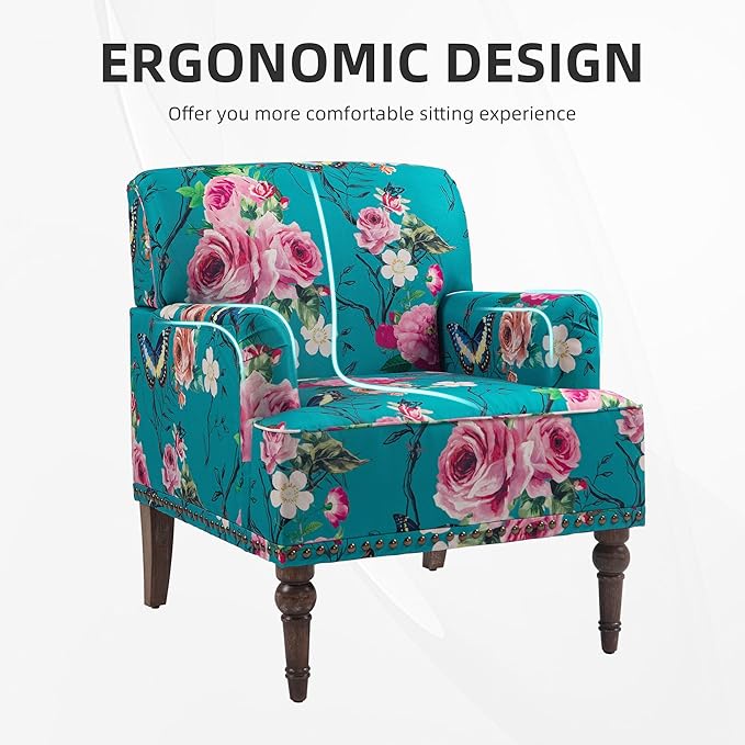 Lumibee Modern Accent Chair with Arms,Mid Century Stripe Armchair for Living Room,Comfy Linen Fabric Single Sofa for Apartment Bedroom,Comfortable Cushioned Seat for Reading Home Office-Floral