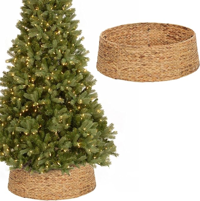 Christmas Tree Collar, 28’’ D Handmade Natural Water Hyacinth Christmas Stand Tree Collar Basket Base Cover for Holiday Decoration