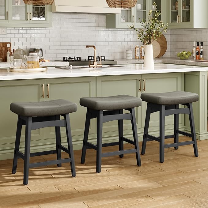 MAISON ARTS Grey Counter Height Bar Stools Set of 4 for Kitchen Counter Solid Wood Legs with Faux Leather Saddle Seat Farmhouse Barstools for 34"-38" Counter Island Upholstered Stools, 24in Height