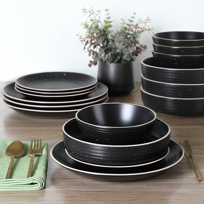 Gibson Home Dinah 16 Piece Double Bowl Stoneware Embossed Speckled Dinnerware Set - Matte Black