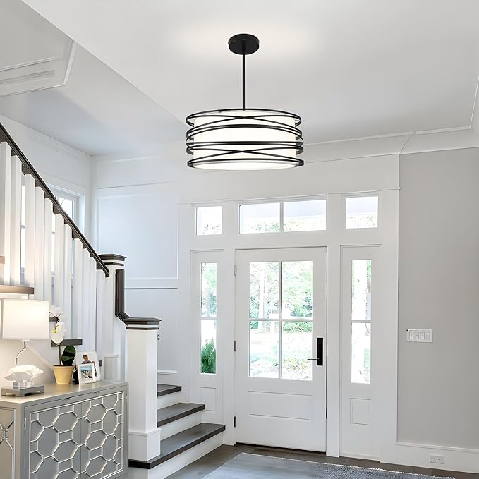 16" Black Drum Pendant Lighting Kitchen Island 3-Light Modern Farmhouse Chandelier with White Fabric Shade Rustic Hanging Light Fixtures for Dining Room Hallway Bedroom Foyer