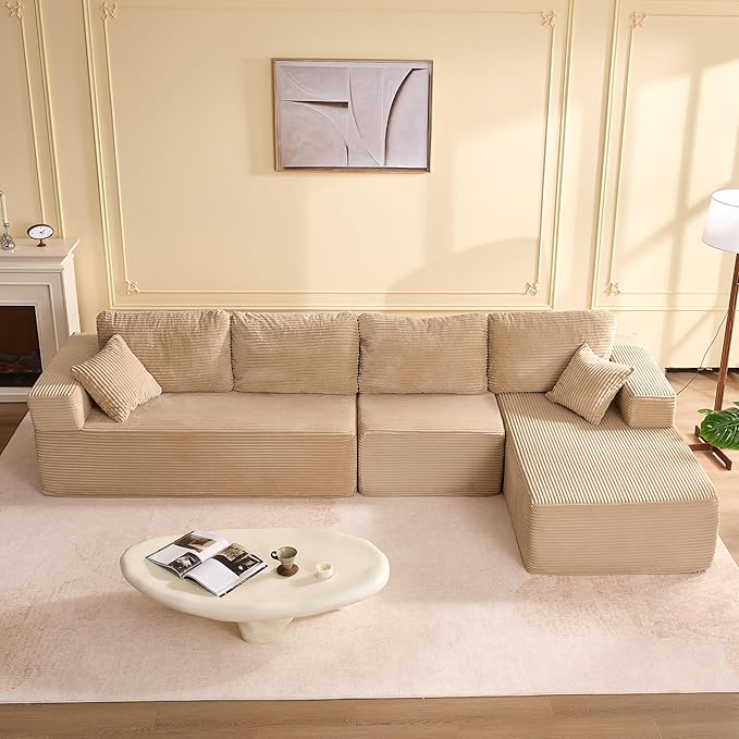 138" Boneless Couch with Deep Seat, Modular Sectional Sofa, Cloud Sectional Couch for Living Room, No Assembly Required, Corduroy, 4 Seater L-Shape Right, Camel