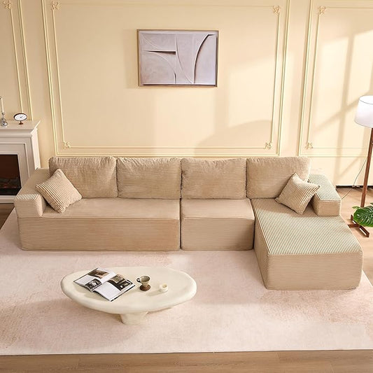 138" Boneless Couch with Deep Seat, Modular Sectional Sofa, Cloud Sectional Couch for Living Room, No Assembly Required, Corduroy, 4 Seater L-Shape Right, Camel