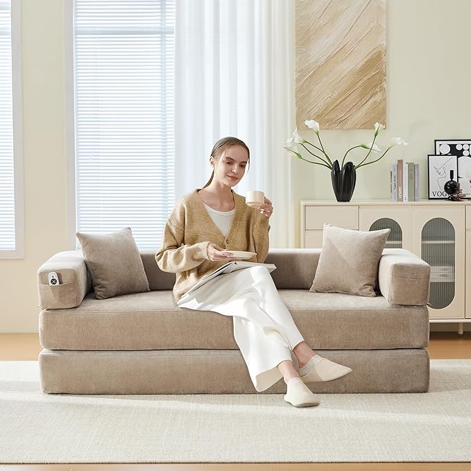 Convertible Floor Sofa Bed with Storage Pocket, Chenille Folding Mattress Sofa with Zipper Closure, Floor Lounge Couch for Living Room, Bedroom, Studio-Khaki