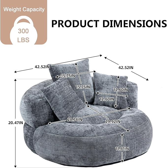 42'' Oversized Round Chair, Single Lounge Chaise Upholstered Sofa Bed with Deep Seat, Chenille Bean Bag Chiar with Pillows for Living Room, Bedroom, Apartment, Reading, No Assembly (Gray)