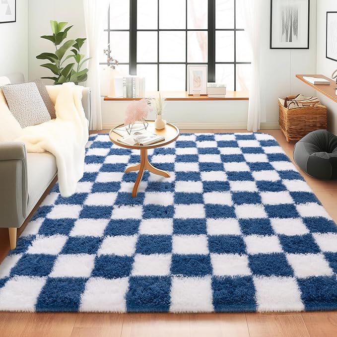 Checkered Rugs for Bedroom, Ultra Fluffy Fuzzy Shag Area Rug for Living Room 5x7, Modern Plush Soft Upgrade Non-Slip Carpet for Kids Girls and Boys Room Dorm Nursery Home Decor, Navy and White
