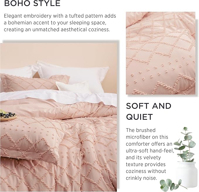 Bedsure Twin Comforter Set - Coral Pink Comforter, Boho Tufted Shabby Chic Bedding for Kids, 2 Pieces Vintage Farmhouse Bed Set for All Seasons, Fluffy Soft Bedding with 1 Pillow Sham
