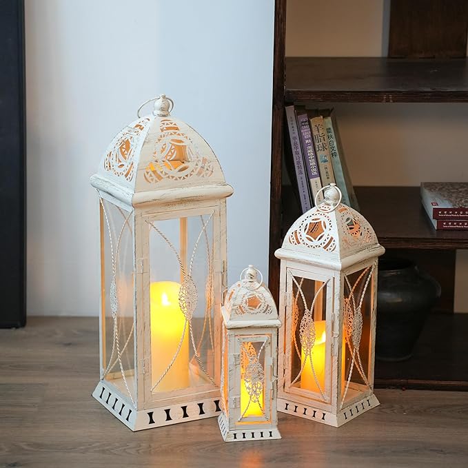 TRIROCKS Set of 3 Decorative Candle Lanterns 22''&16"&11" H Vintage Metal Candle Holders for Garden Yard Patio Wedding Parties Events Indoors Outdoors(Beige with Gold Brush)