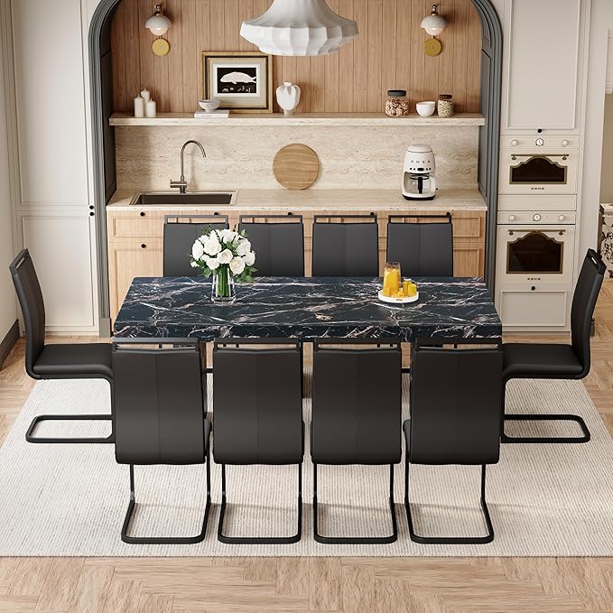 79" Marble Dining Table Set｜Modern Dining Table Set with 10 Faux Leather Chairs｜Engineered Wood with Marble Pattern Tabletop｜Widened and Stable Tablelegs｜Easy Assembly