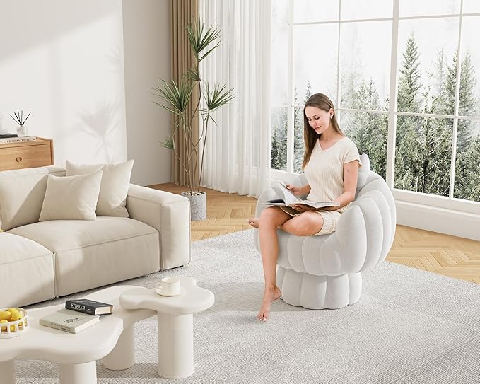 Mid Century Modern 360 Degree Barrel Swivel Accent Sofa Chair,Fluffy Velvet Fabric Lounge Wide Upholstered Pumpkin Reading Chair, Round Cloud Armchair for Living Room,Bedroom,Vanity(Beige)