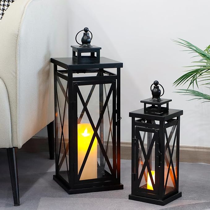 TRIROCKS Set of 2 Deacorative Candle Lantern 20'' & 11'' High Metal Candle Holder Hanging Lanterns with Tempered Glass Perfect for Indoor Outdoor Home Decor Parties Garden Events Wedding (Black)