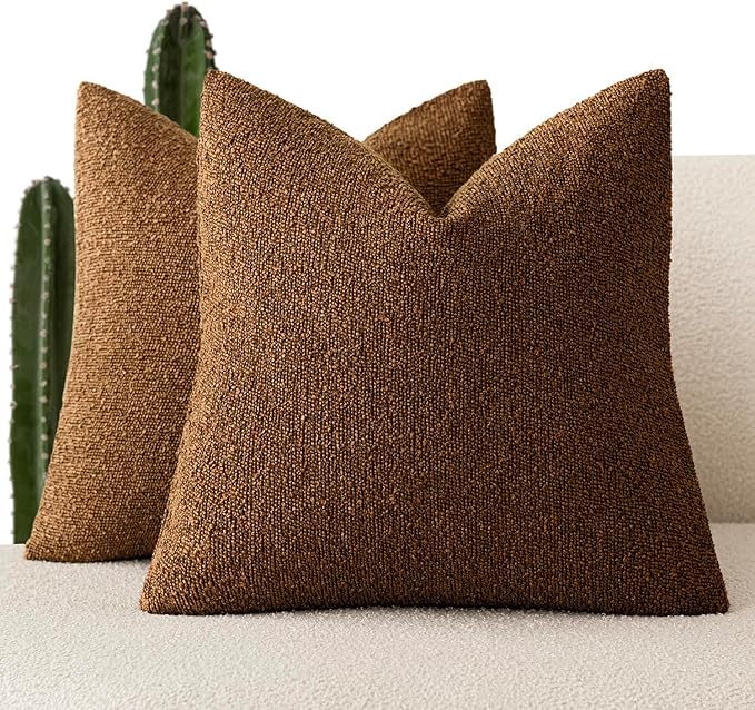 Foindtower Set of 2, Decorative Textured Boucle Throw Pillow Covers Accent Solid Pillow Cases Neutral Soft Cozy Couch Cushion Case for Chair Sofa Bedroom Living Room Home Decor 26x26 Inch Hazel Brown
