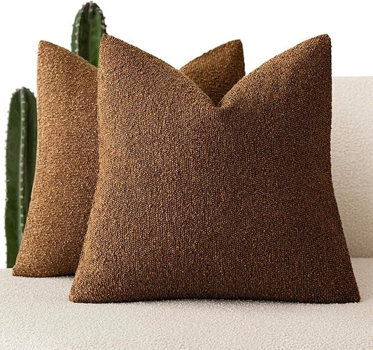 Foindtower Set of 2, Decorative Textured Boucle Throw Pillow Covers Accent Solid Pillow Cases Neutral Soft Cozy Couch Cushion Case for Chair Sofa Bedroom Living Room Home Decor 26x26 Inch Hazel Brown