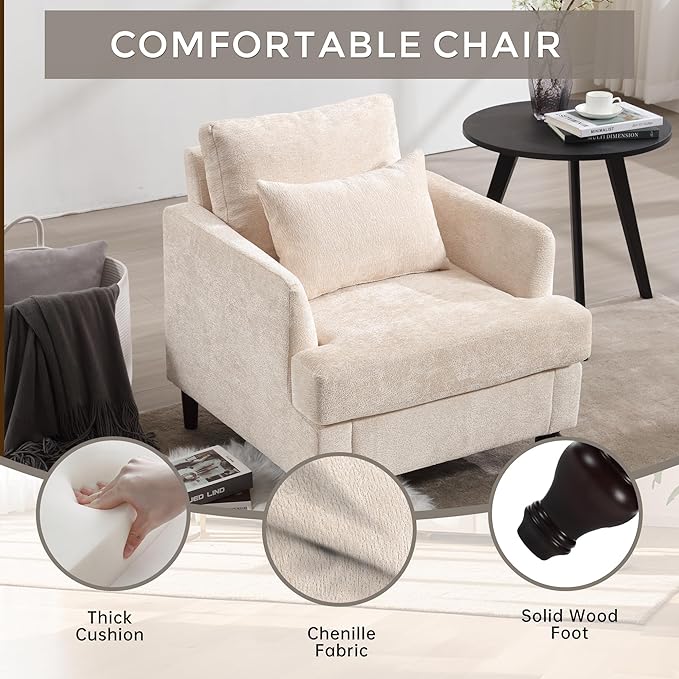 Furnilivng Mid-Century Modern Accent Chair, Comfortable Chenille Lounge Armchair, Upholstered Cozy Single Sofa Chair for Living Room, Bedroom, Reading Room, Home Office, Beige