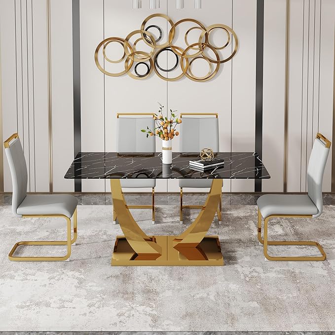 63” Dining Room Table Set for 4,Modern Gold Dining Table Set for 4, Rectangle kitchen Table Set With PU Leather Chairs,Black Faux Marble Dinner Table Set with Tempered Glass Top and Golden Base
