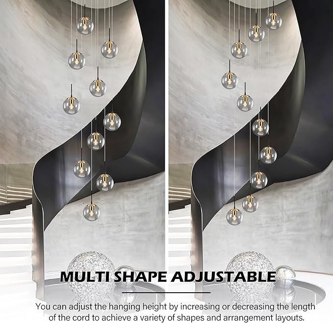 KoKo&Yukina Gold 10-Light Chandelier Modern Stairwell Lighting Adjustable Globe Cluster Lights with Grey Glass for Staircase