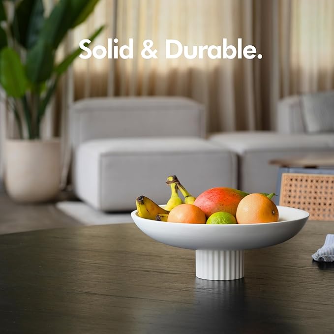 KIVY Concrete Fruit Bowl for Kitchen Counter - Large Decorative Pedestal Bowl for Home Decor - Modern Key Bowl for Entryway Table - White