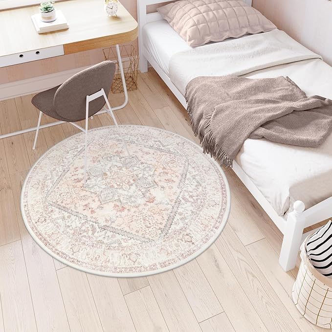 LIVEBOX Pink Round Rug 4ft - Machine Washable Circle Rug for Living Room, Non-Shedding Vintage Circular Carpet Bedroom, Low-Pile Floral Rugs Round for Girl's Room Entryway, Boho Rugs for Office