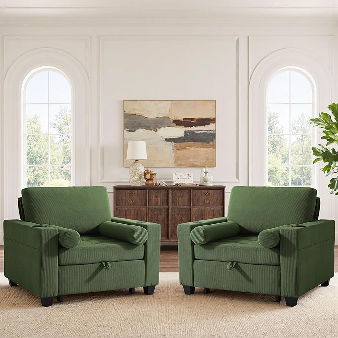 UIXE 3-in-1 Sleeper Sofa Chairs Set of 2, Pull Out Sofa Bed Convertible Reclining Seat Upholstered Armchair, Adjustable Backrest Recliner Chair with Side Pockets, Cup Holder & USB Ports - Green