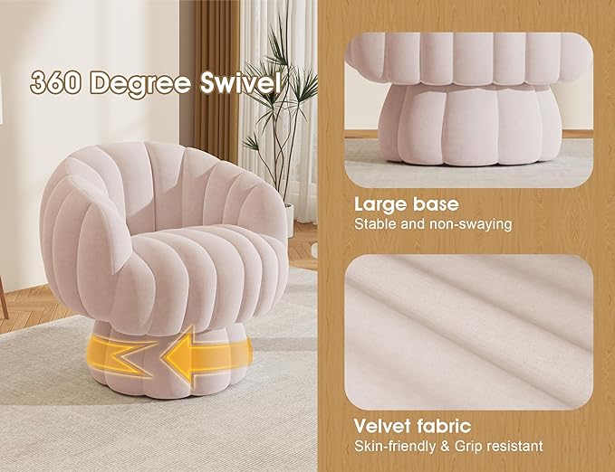 Mid Century Modern 360 Degree Barrel Swivel Accent Sofa Chair,Fluffy Velvet Fabric Lounge Wide Upholstered Pumpkin Reading Chair, Round Cloud Armchair for Living Room,Bedroom,Vanity(Pink)