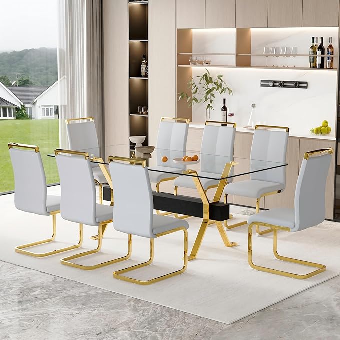 9 Piece Glass Dining Table Set, 79" Modern Dining Table Set for 8, 0.5" Thick Tempered Glass Tabletop with Gold Chrome Metal Legs and Black Crossbar, 8 PU Chairs for Dining Room, Kitchen