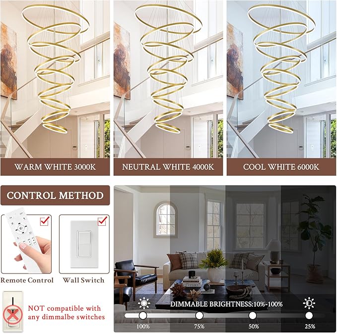 9-Rings D39.4’’ Modern LED Chandelier Gold Dimmable Foyer Chandeliers Entryway High Ceiling Chandelier with Remote Control for Staircase Entryway Living Room Foyer, 3000K-6500K