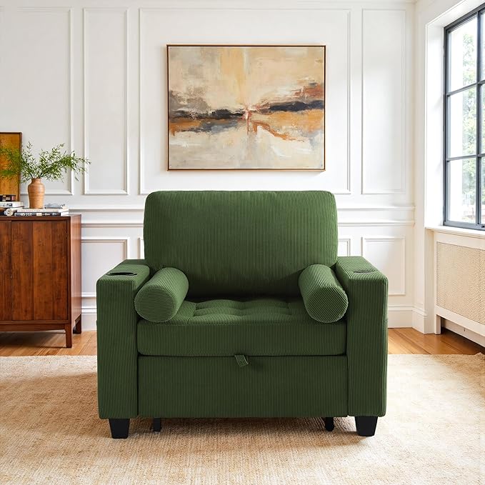 UIXE 3-in-1 Sleeper Chair Pull Out Sofa Bed, Convertible Reclining Seat Upholstered Armchair, Adjustable Backrest Recliner Chair with Side Pockets, Cup Holder & USB Ports - Green