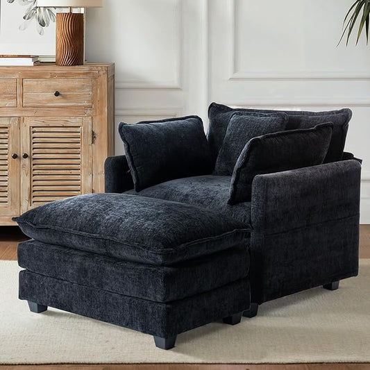 SweetGO corporation 40" Chenille Lounge Chair for Reading, Modern Couch Cozy Sofa Bed, Upholstered Living Room Single Sofa Accent Chair with Ottoman, Black