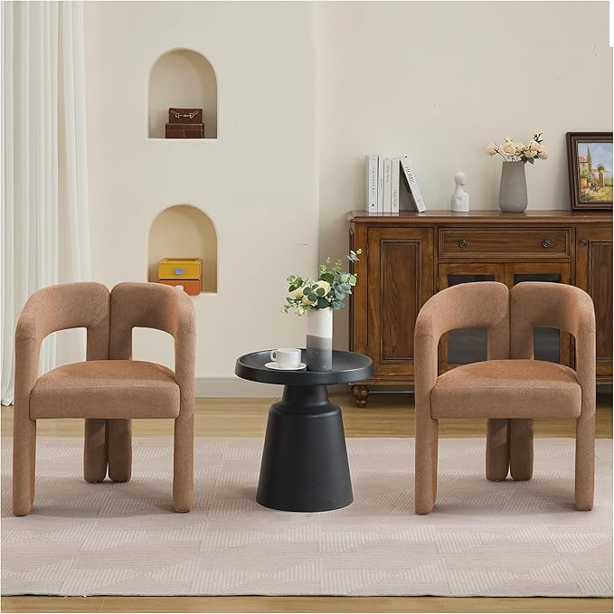 Modern Barrel Dining Chairs, Upholstered Linen Dining Room Chair with Wooden Legs, Accent Chairs for Kitchen/Dining Room/Living Room, Brown