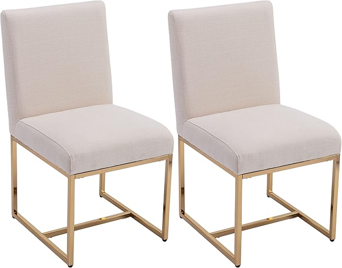 VESCASA Linen Upholstered Dining Chairs Set of 2, Mid Century Modern Padded Chair with Gold Metal Frame for Restaurant, Dining Room, Kitchen, Cream