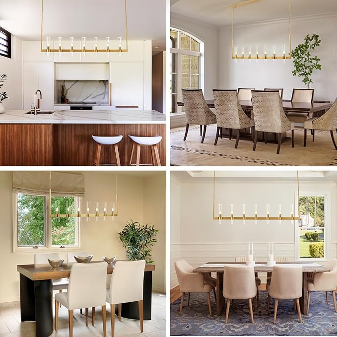 Modern Gold Linear Chandelier 59 in,Chandeliers for Dining Room 7 Light, Kitchen Island Lighting Fixture, Adjustable Chandelier over Dining Table, Gold Glass Chandelier Light Fixture, Includes Bulbs