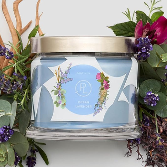 PartyLite Ocean Lavender Scented, Notes of Vanilla Sea Salt, Driftwood, Sea Moss, Patchouli & Eucalyptus, 13.2oz 3-Wick Jar Candle, 45 Hour Burn Time, Luxurious Fragrance, Ideal for Gifting